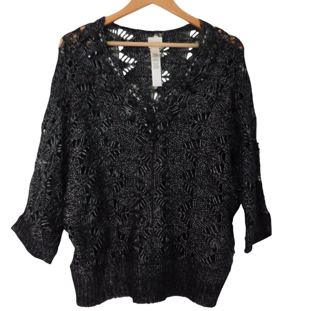 Chicos Size 2 Sweater Open Knit Black Gray Metallic Knit Elbow Sleeves‎ Cover Up